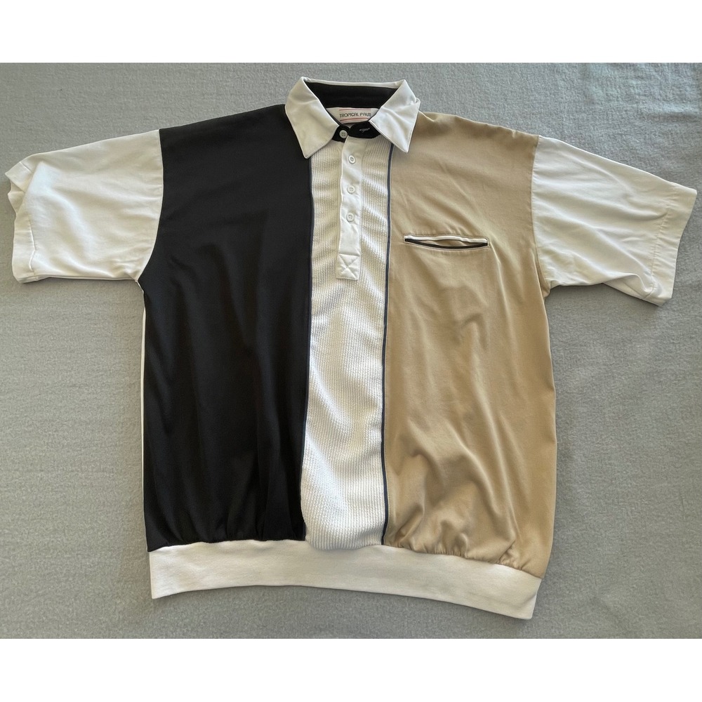 Tropical Palm Vintage Colorblock Polo Shirt Mens Large Black White Tan Retro